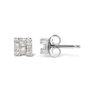 10K White Gold 1/7 Cttw Round and Baguette Diamond Mosaic Square Stud Earrings (H - I Color, I1 - I2 Clarity) - Rieworkes