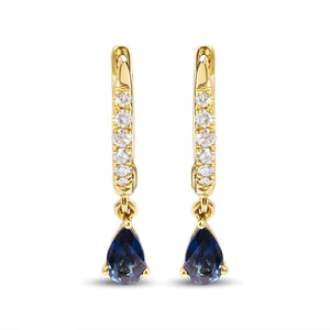 10K Yellow Gold Pear Blue Sapphire and 1/10 Cttw Diamond Drop and Dangle Huggy Hoop Earrings (H - I Color, I1 - I2 Clarity) - Rieworkes