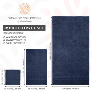 12 Pcs Bath Towel Set for Bathroom Wealuxe Collection 100% Cotton Soft Navy Blue - Rieworkes