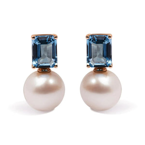 14K Rose Gold 10MM Cultured Freshwater Pearl and 8x6mm Octagon Swiss Blue Topaz Drop Earrings - Rieworkes