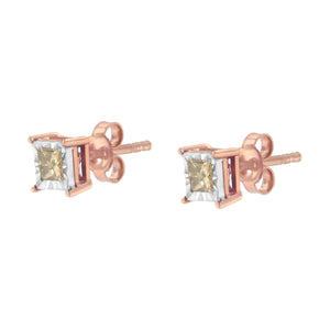 14K Rose Gold Plated Two - Tone .925 Sterling Silver 1/2 Cttw Princess - Cut Square Diamond Solitaire Miracle - Plate Stud Earrings (K - L Color, I2 - I3 Clarity) - Rieworkes