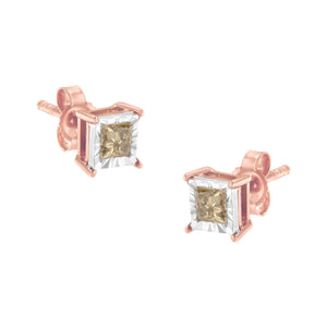 14K Rose Gold Plated Two - Tone .925 Sterling Silver 1/2 Cttw Princess - Cut Square Diamond Solitaire Miracle - Plate Stud Earrings (K - L Color, I2 - I3 Clarity) - Rieworkes