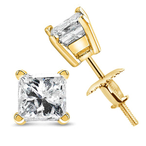 14K Yellow Gold 1/2 Cttw Princess Cut Diamond Solitaire Stud Earrings with Screwbacks (I - J Color, SI2 - I1 Clarity) - Rieworkes
