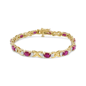 14K Yellow Gold 1/4 Cttw Diamond and Oval Red Ruby Alternating X Link Bracelet (I - J Color, I3 Clarity) - Rieworkes