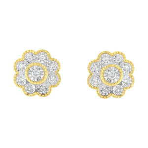 14K Yellow Gold Plated .925 Sterling Silver 1/6 Cttw Miracle - Plate Set Diamond Floral Stud Earrings (I - J Color, I2 - I3 Clarity) - Rieworkes