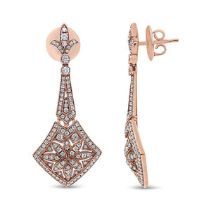 18K Rose Gold 1 1/3 Cttw Diamond Studded Fleur De Lis Trellis Style Drop and Dangle Earring (F - G Color, VS1 - VS2 Clarity) - Rieworkes