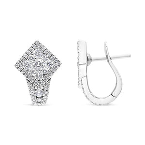 18K White Gold 1 1/10 Cttw Round Diamond Cluster with Halo Hoop Huggie Earring (F - G Color, VS1 - VS2 Clarity) - Rieworkes
