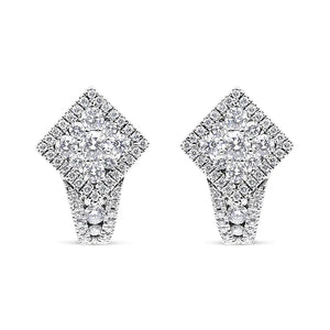 18K White Gold 1 1/10 Cttw Round Diamond Cluster with Halo Hoop Huggie Earring (F - G Color, VS1 - VS2 Clarity) - Rieworkes