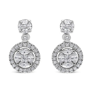 18K White Gold 2.0 Cttw Round Shape Diamond Composite Halo Dangle Stud Earring (F - G Color, VS1 - VS2 Clarity) - Rieworkes