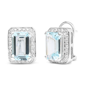 18K White Gold 3/4 Cttw Round Diamond and 13x9mm Emerald Cut Blue Aquamarine Gemstone Halo Omega Stud Earrings (G - H Color, SI1 - SI2 Clarity) - Rieworkes
