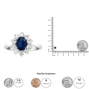 18K White Gold 7x5 mm Oval Cut Blue Sapphire and Round Diamond 3/4 Cttw Sunburst Halo Ring (F - G Color, VS1 - VS2 Clarity) - Rieworkes