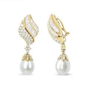 18k Yellow Gold 7.0 Cttw Baguette and Round Diamond South Sea Pearl Drop Dangle Clip - On Earrings (F - G Color, VS1 - VS2 Clarity) - Rieworkes