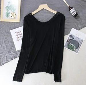 Women Lace V-neck Long-sleeved Thermal Slim Warm Top
