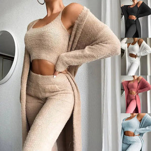3 Pcs Womens Clothing Fashion Solid Fluffy Plain Crop Top & Skinny Pants & Longline Coat Set Warm Cozy Suit Sets - Rieworkes
