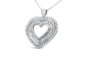 .925 Sterling Silver 1.0 Cttw Baguette and Round Diamond Heart Pendant 18" Necklace (H - I Color, I3 Clarity) - Rieworkes