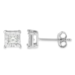 .925 Sterling Silver 1/4 Cttw Princess - Cut Square Near Colorless Diamond Solitaire Miracle - Plate Stud Earrings (H - I Color, I2 - I3 Clarity) - Rieworkes