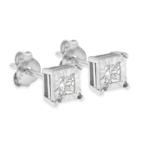 .925 Sterling Silver 1/4 Cttw Princess - Cut Square Near Colorless Diamond Solitaire Miracle - Plate Stud Earrings (H - I Color, I2 - I3 Clarity) - Rieworkes