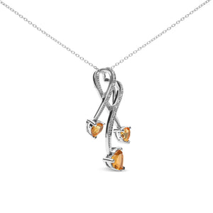 .925 Sterling Silver 3 - Stone Heart Shape Citrine and Diamond Accent Spiral Drop 18" Pendant Necklace (H - I Color, SI1 - SI2 Clarity) - Rieworkes