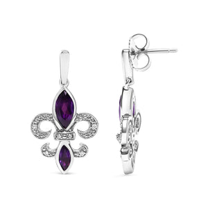 .925 Sterling Silver Marquise Cut Amethyst and Diamond Accent Fleur De Lis Dangle Stud Earrings (H - I Color, SI1 - SI2 Clarity) - Rieworkes