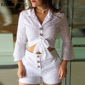 Casual Women’s Broderie Lace Blouse and Shorts Set