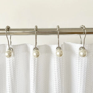 12PCS Decorative Shower Curtain Hooks Elegant Pearl Shower Curtain Rings Ivory Artifical Pearl and Rustproof Metal Shower Hooks for Bathroom Shower Curtain Hangers