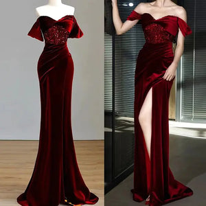 Fishtail Wine Red Off-Shoulder Velvet Sequin Dress