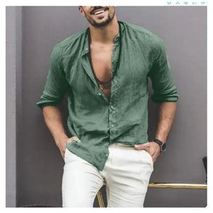 Solid Color Long Sleeve Button Stand Collar Men's Shirt