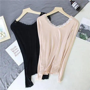 Women Lace V-neck Long-sleeved Thermal Slim Warm Top