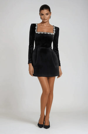 Chloe™ Elegant Summer Long Sleeve Dress with Rhinestones