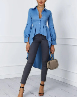 Solid Color Lantern Sleeve Tail Dress & Button Shirt Dress