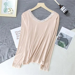 Women Lace V-neck Long-sleeved Thermal Slim Warm Top