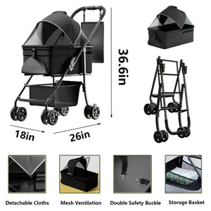 2 In 1 Folding Dog Stroller, Pet Folding Stroller, 4 Wheels Dog Cat Puppy Stroller W Removable Travel Carrier For Small Medium Pet, Waterproof Pad, Car Seat, Sun Shade, Xmas Christmas Gift