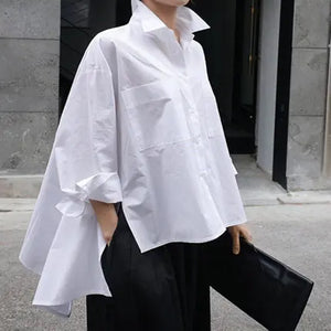 Women's White Loose Fit Irregular Long Sleeve Shirt