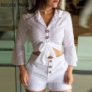 Casual Women’s Broderie Lace Blouse and Shorts Set