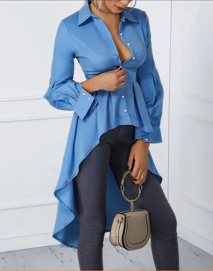 Solid Color Lantern Sleeve Tail Dress & Button Shirt Dress