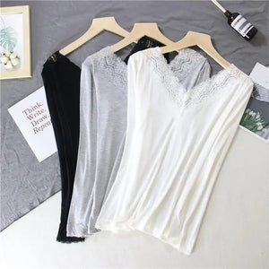 Women Lace V-neck Long-sleeved Thermal Slim Warm Top