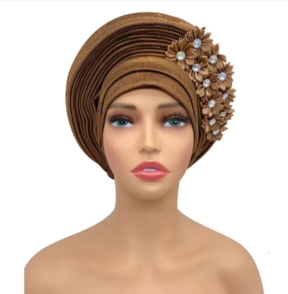 Stunning Floral Auto Gele Headwraps - 2024 New African Turban for Elegant Weddings &amp; Parties