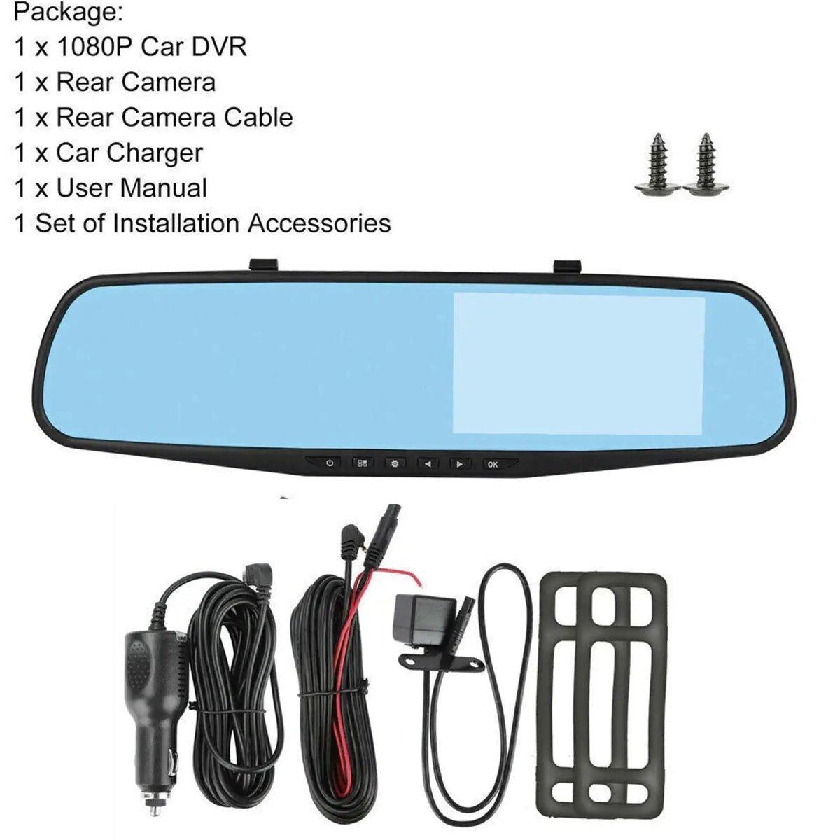 1080P HD Rearview Mirror Car DVR Dual Dash Cam Camera Front Rear Video Recorder - Rieworkes