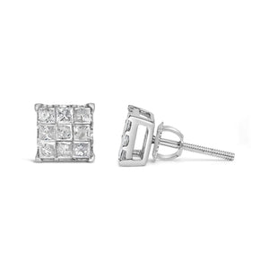 10K White Gold 1/2 Cttw Invisible Princess - cut Diamond 9 Stone Composite Stud Earrings (I - J Color, I3 Clarity) - Rieworkes