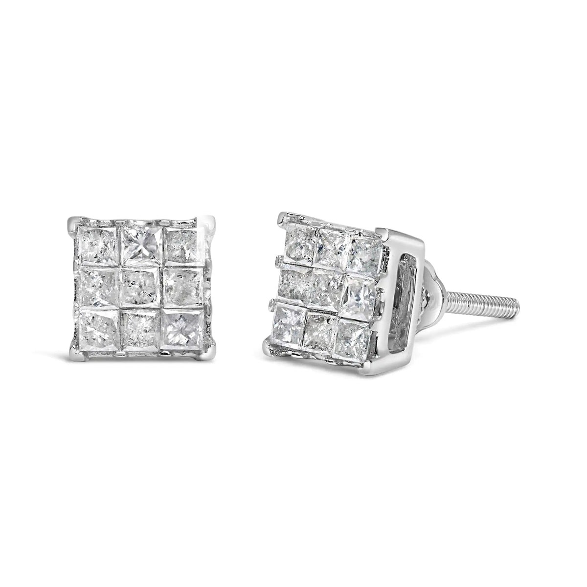 10K White Gold 1/2 Cttw Invisible Princess - cut Diamond 9 Stone Composite Stud Earrings (I - J Color, I3 Clarity) - Rieworkes