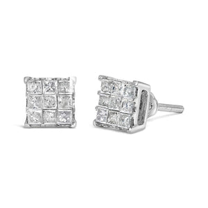 10K White Gold 1/2 Cttw Invisible Princess - cut Diamond 9 Stone Composite Stud Earrings (I - J Color, I3 Clarity) - Rieworkes