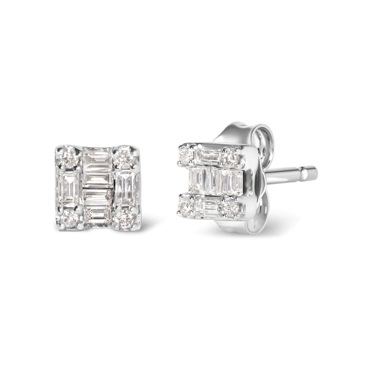 10K White Gold 1/7 Cttw Round and Baguette Diamond Mosaic Square Stud Earrings (H - I Color, I1 - I2 Clarity) - Rieworkes