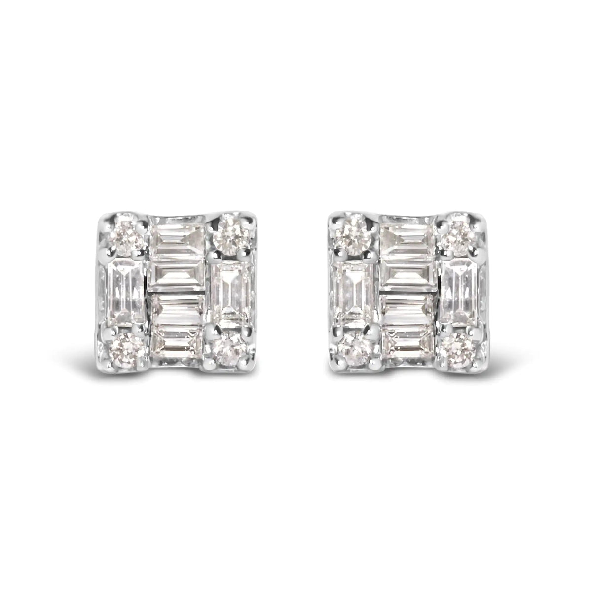 10K White Gold 1/7 Cttw Round and Baguette Diamond Mosaic Square Stud Earrings (H - I Color, I1 - I2 Clarity) - Rieworkes