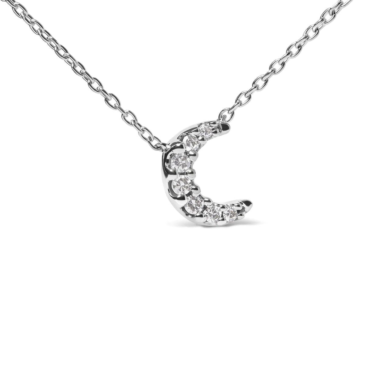 10K White Gold Diamond Accented Crescent Moon Shaped 18&quot; Inch Pendant Necklace (H - I Color, I1 - I2 Clarity) - Rieworkes