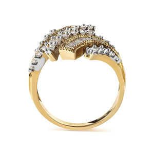 10K Yellow Gold 1.0 Cttw Round and Baguette Diamond Woven Bypass Ring (H - I,I1 - I2) - Rieworkes