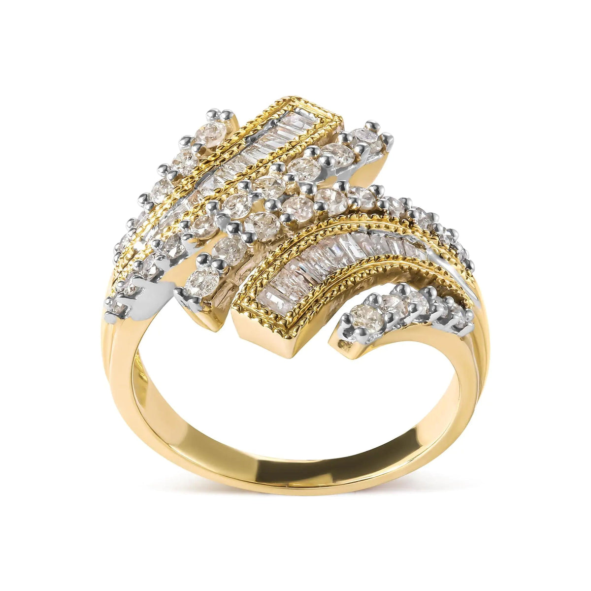 10K Yellow Gold 1.0 Cttw Round and Baguette Diamond Woven Bypass Ring (H - I,I1 - I2) - Rieworkes