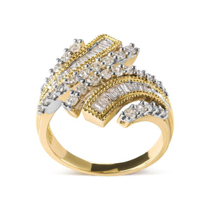 10K Yellow Gold 1.0 Cttw Round and Baguette Diamond Woven Bypass Ring (H - I,I1 - I2) - Rieworkes