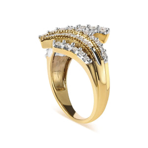 10K Yellow Gold 1.0 Cttw Round and Baguette Diamond Woven Bypass Ring (H - I,I1 - I2) - Rieworkes