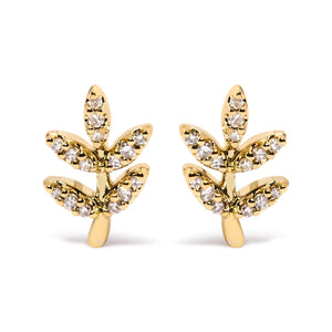 10K Yellow Gold 1/10 Cttw Diamond Accented Leaf and Branch Stud Earrings (H - I Color, I1 - I2 Clarity) - Rieworkes