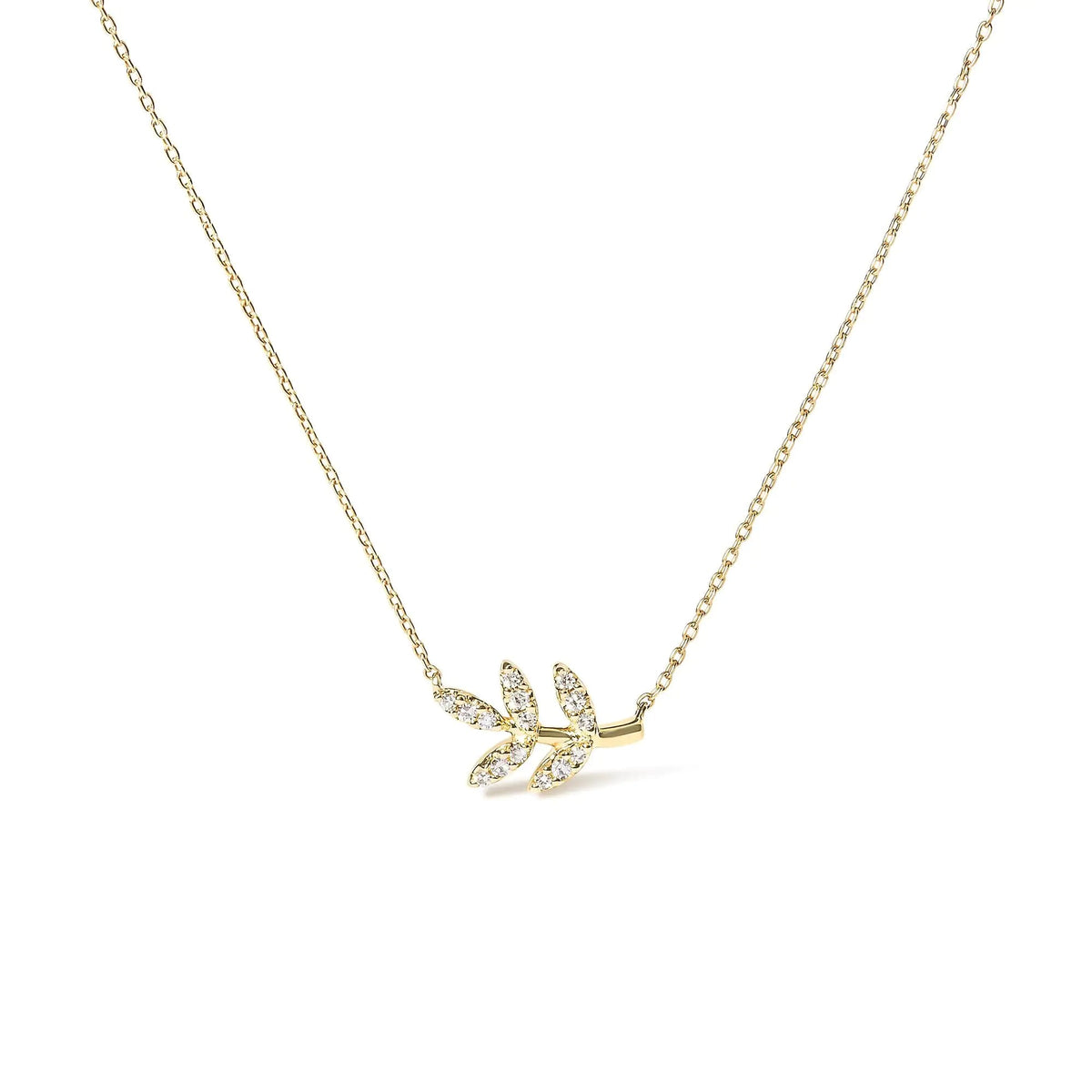 10K Yellow Gold 1/10 Cttw Diamond Leaf and Branch 18&quot; Pendant Necklace (H - I Color, I1 - I2 Clarity) - Rieworkes
